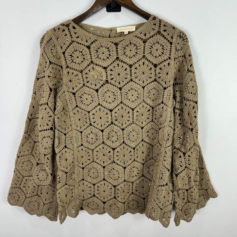 Solitaire Crochet Top Womens Small Brown Flare Sleeve Boho Earthy Granola Indie
